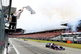 Third placed Daniil Kvyat Toro Rosso STR14 Honda crosses the finish line during the F1 Grand Prix of Germany at Hockenheimring on July 28, 2019 (Photo by Mark Thompson/Getty Images)