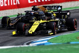 Nico Hulkenberg (GER) Renault F1 Team RS19 and Romain Grosjean (FRA) Haas F1 Team VF-19. German Grand Prix, Friday 26th July 2019. Hockenheim, Germany.