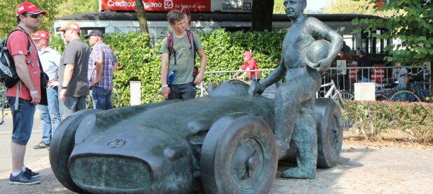 Statue of Juan Manuel Fangio that stands at the infield of the Monza circuit