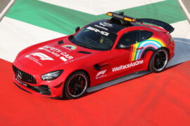 Mercedes gesture towards Ferrari's 1000th race is a red pace car.