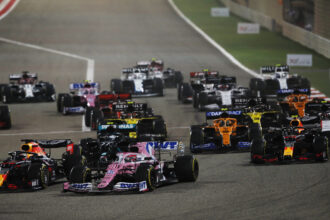 Max Verstappen, Red Bull Racing RB16, leads Sergio Perez, Racing Point RP20, Valtteri Bottas, Mercedes F1 W11 EQ Performance and Alexander Albon, Red Bull Racing RB16