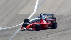 Rubens Barrichello (Ferrari) fighting for position with Juan Pablo Montoya (Williams) 